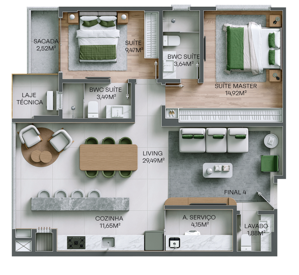 Planta 01 - 2 dorm 92,57m