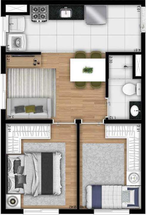 Planta 02 - 2 dorm 34m