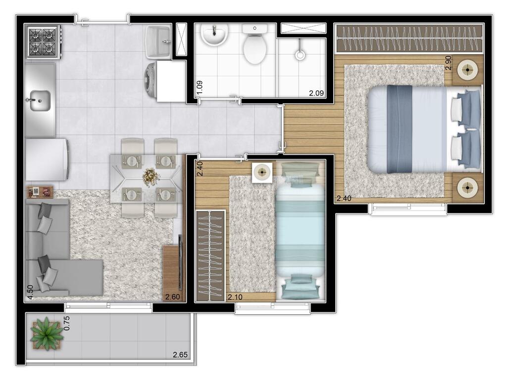 Planta 01 - 2 dorm 34,65m