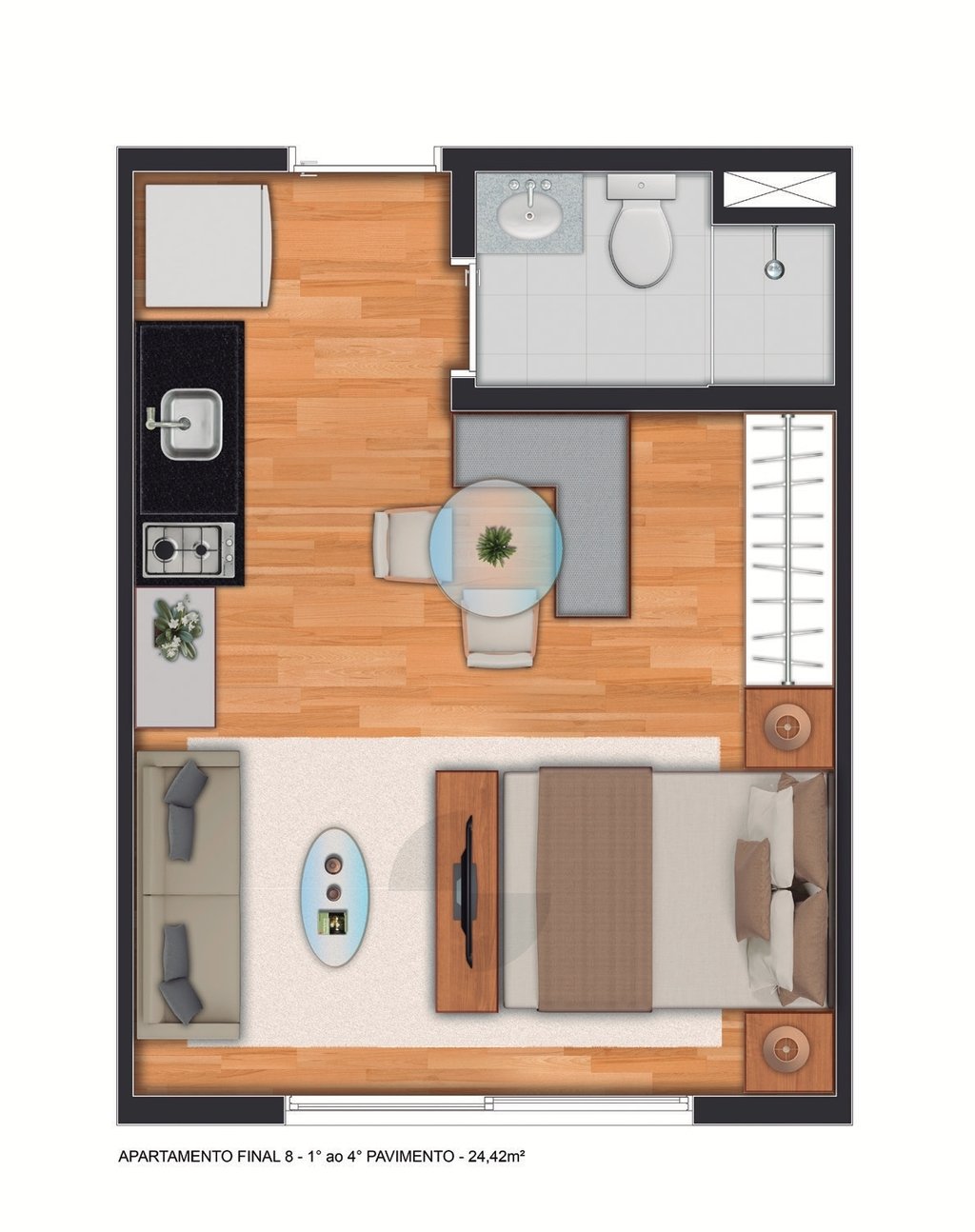 Planta 01 - 1 dorm 24,42m - studio