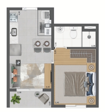 Planta 01 - 1 dorm 26,84m