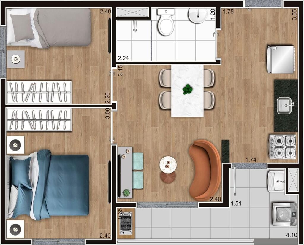 Planta 01 - 2 dorm 38m