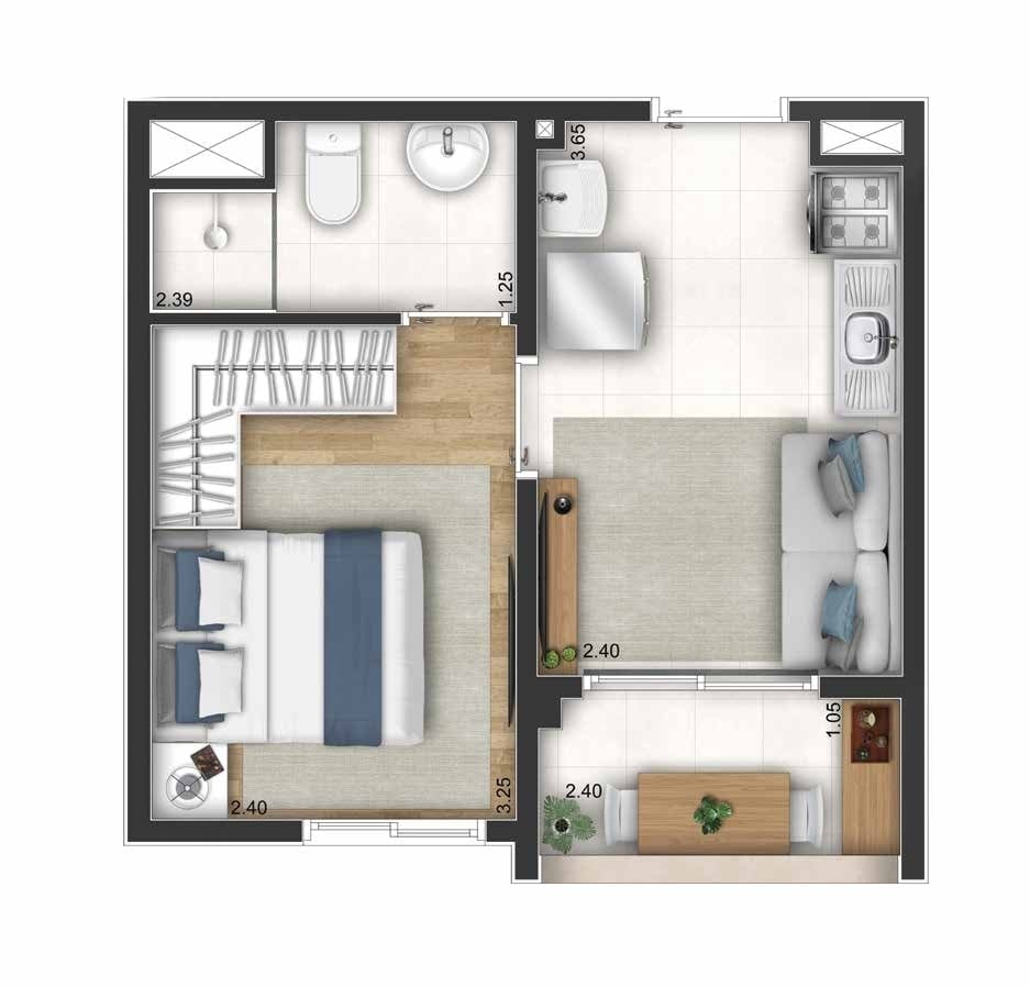 Planta 01 - 1 dorm 25m