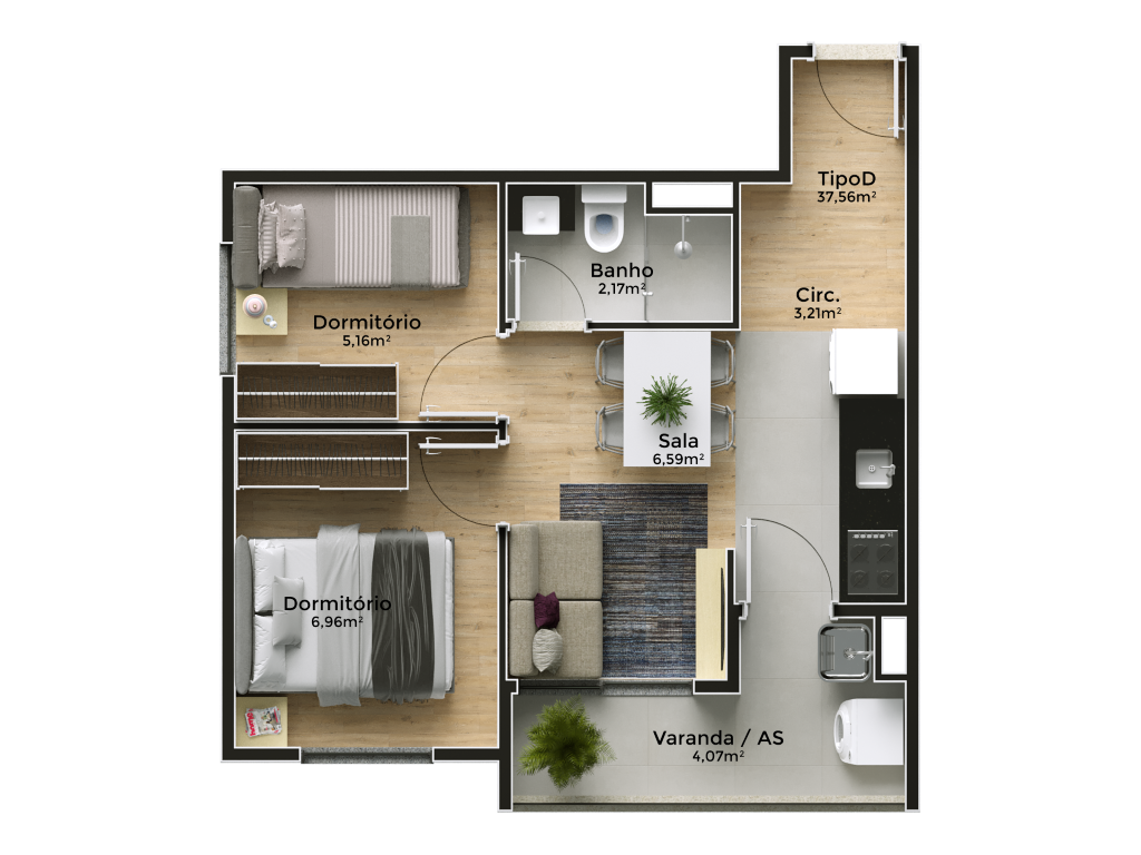Planta 01 - 2 dorm 37,56m