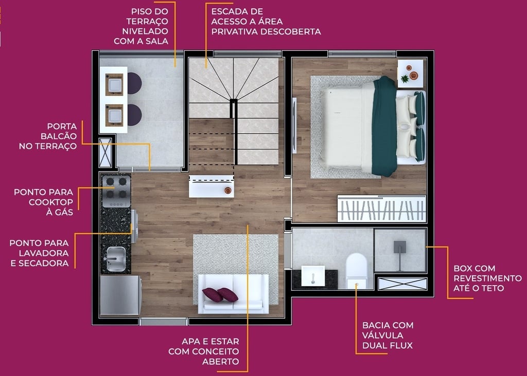 Planta 04 - 1 dorm 53m - cobertura duplex - inferior