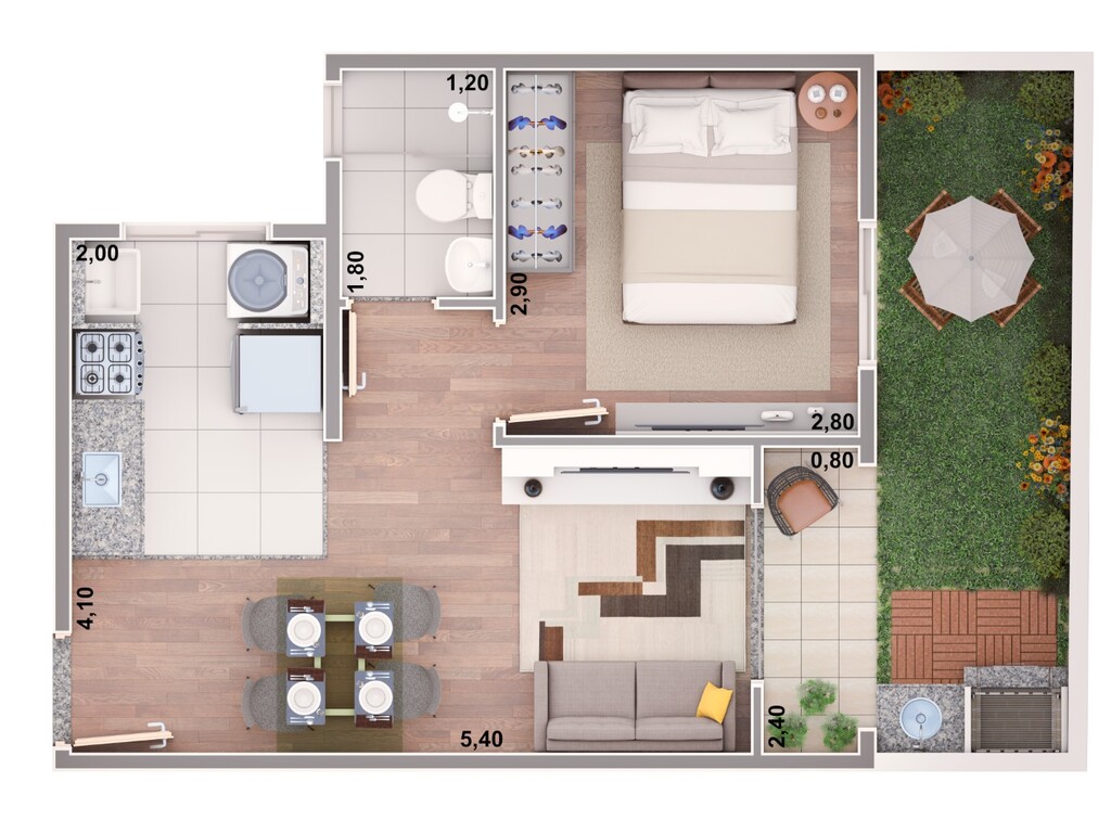 Planta 02 - 1 dorm 43m - garden