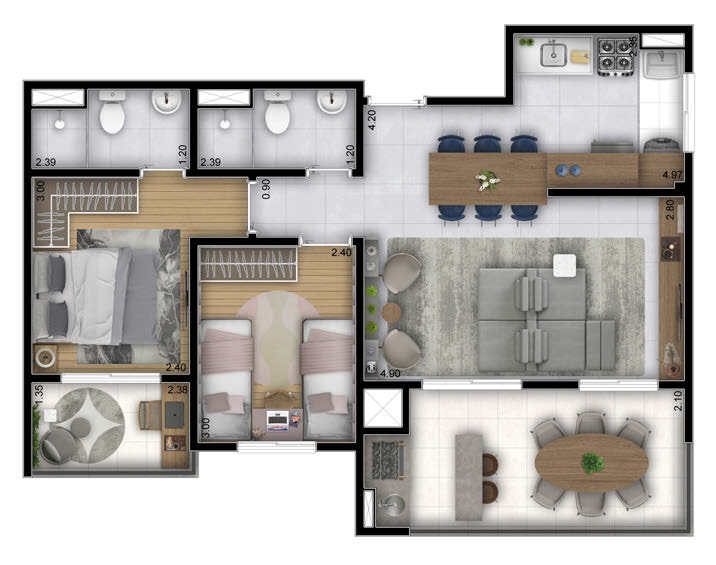 Planta 05 - 2 dorm 66,93m - opo