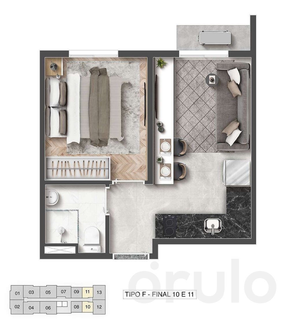 Planta 01 - 1 dorm 24,37m