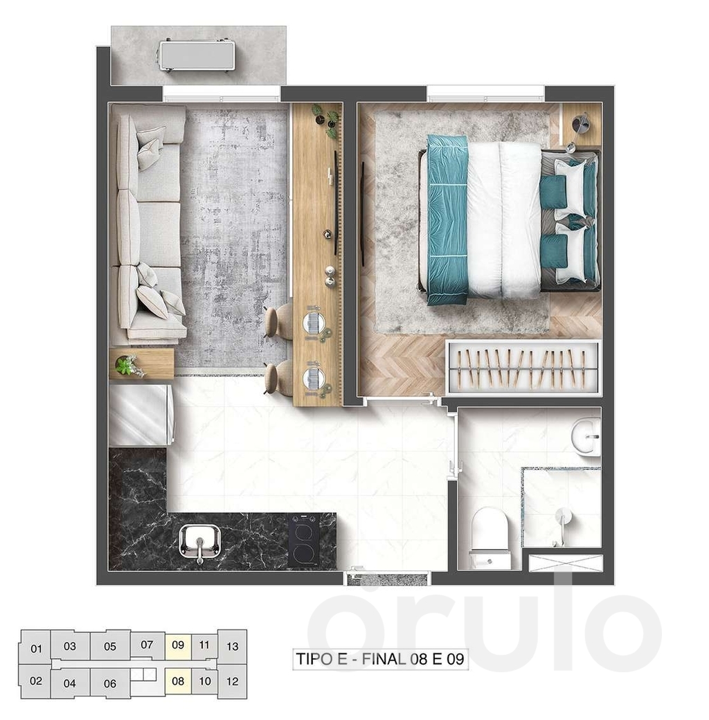 Planta 02 - 1 dorm 25,40m