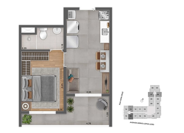 Planta 01 - 1 dorm 29,94m