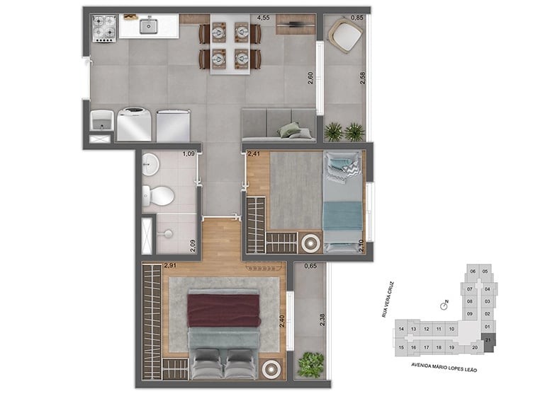 Planta 03 - 2 dorm 36,54m