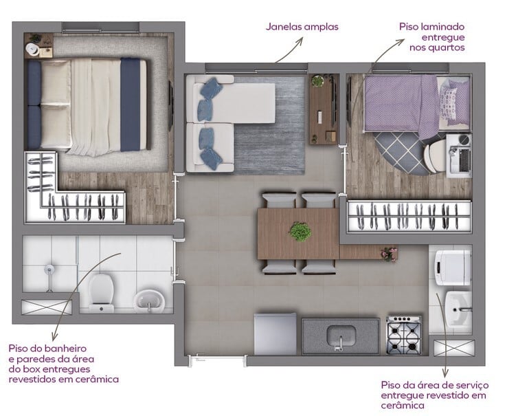 Planta 01 - 2 dorm 33,74m