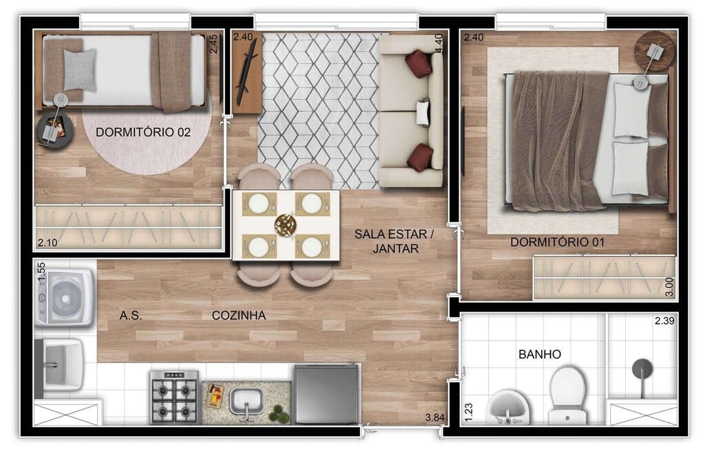 Planta 01 - 2 dorm 34m