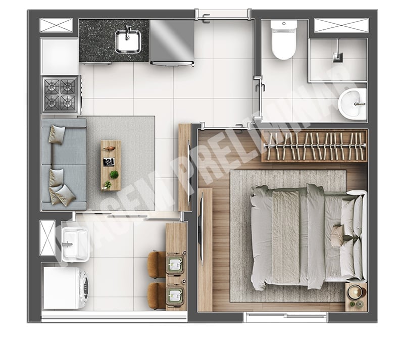 Planta 01 - 1 dorm 26m