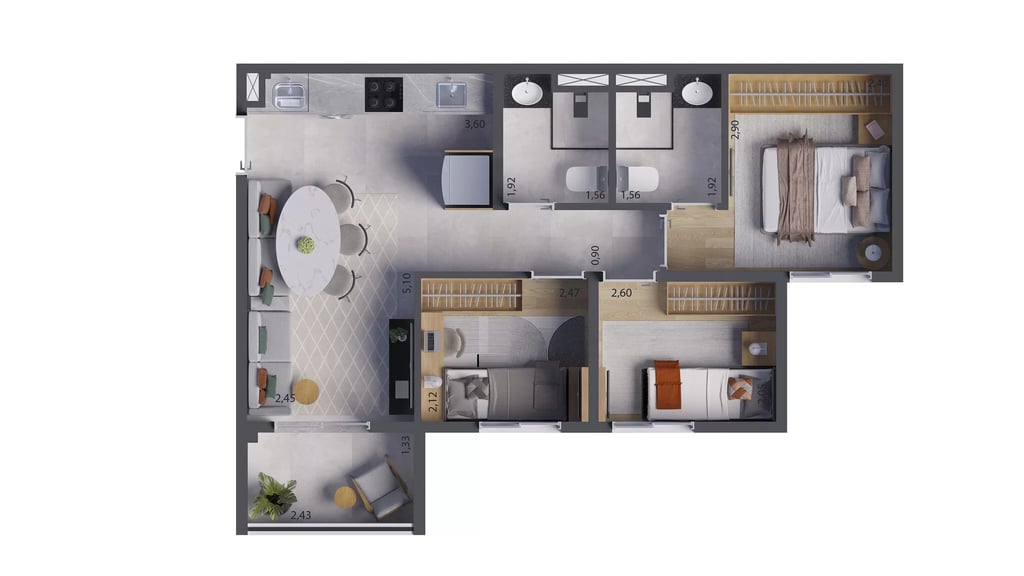 Planta 02 - 3 dorm 51m