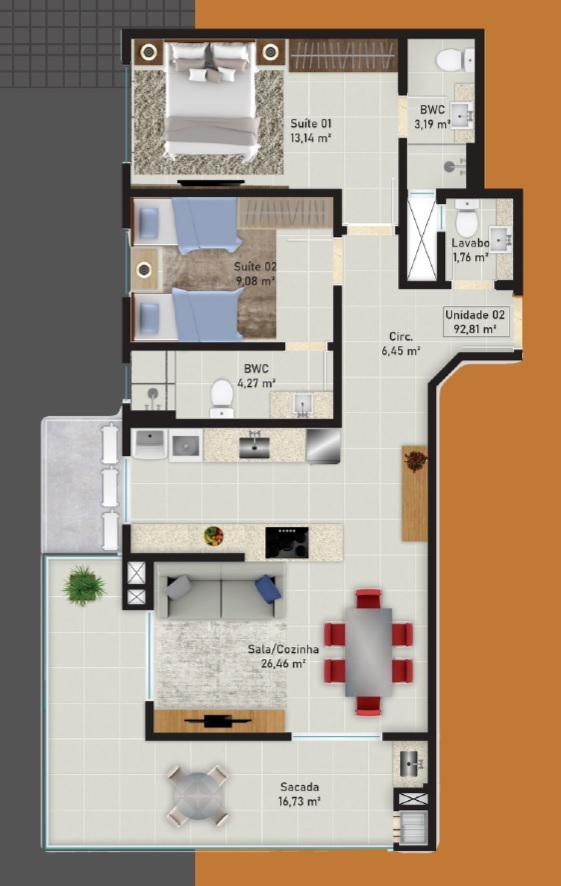Planta 04 - 2 dorm 92,81m