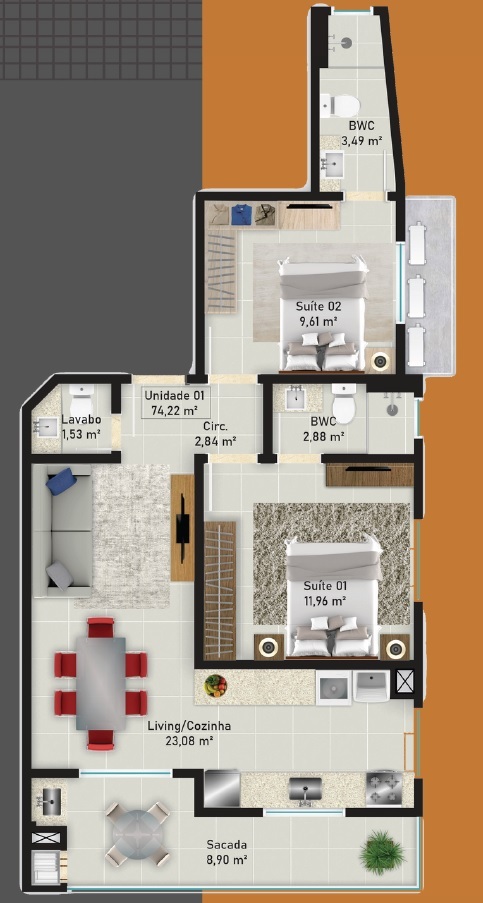 Planta 01 - 2 dorm 74,22m