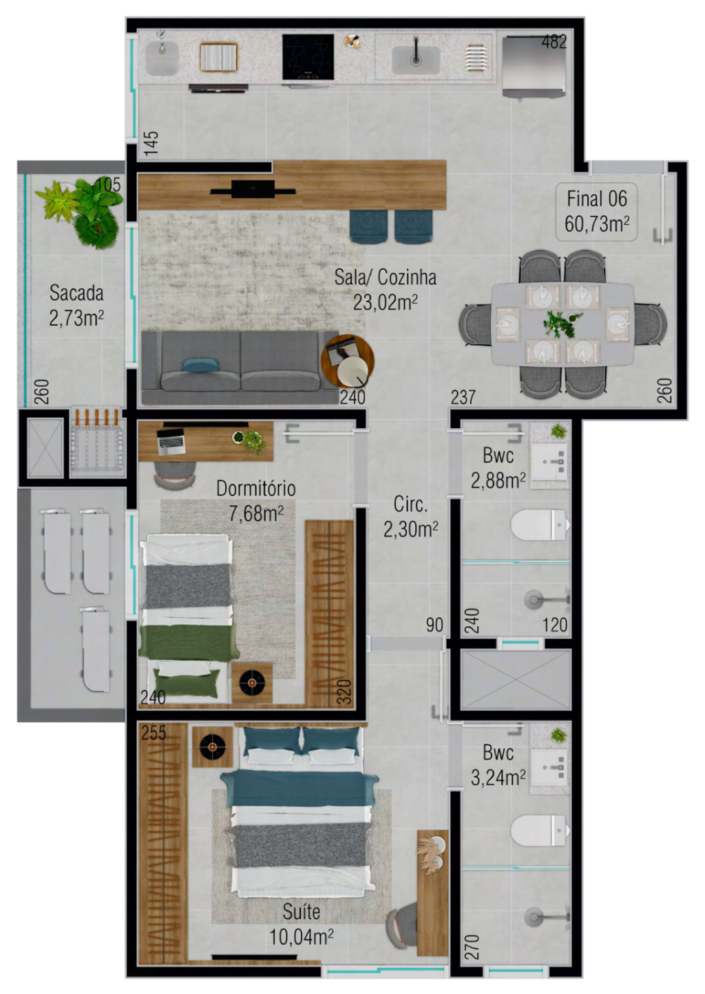 Planta 01 - 2 dorm 60,73m
