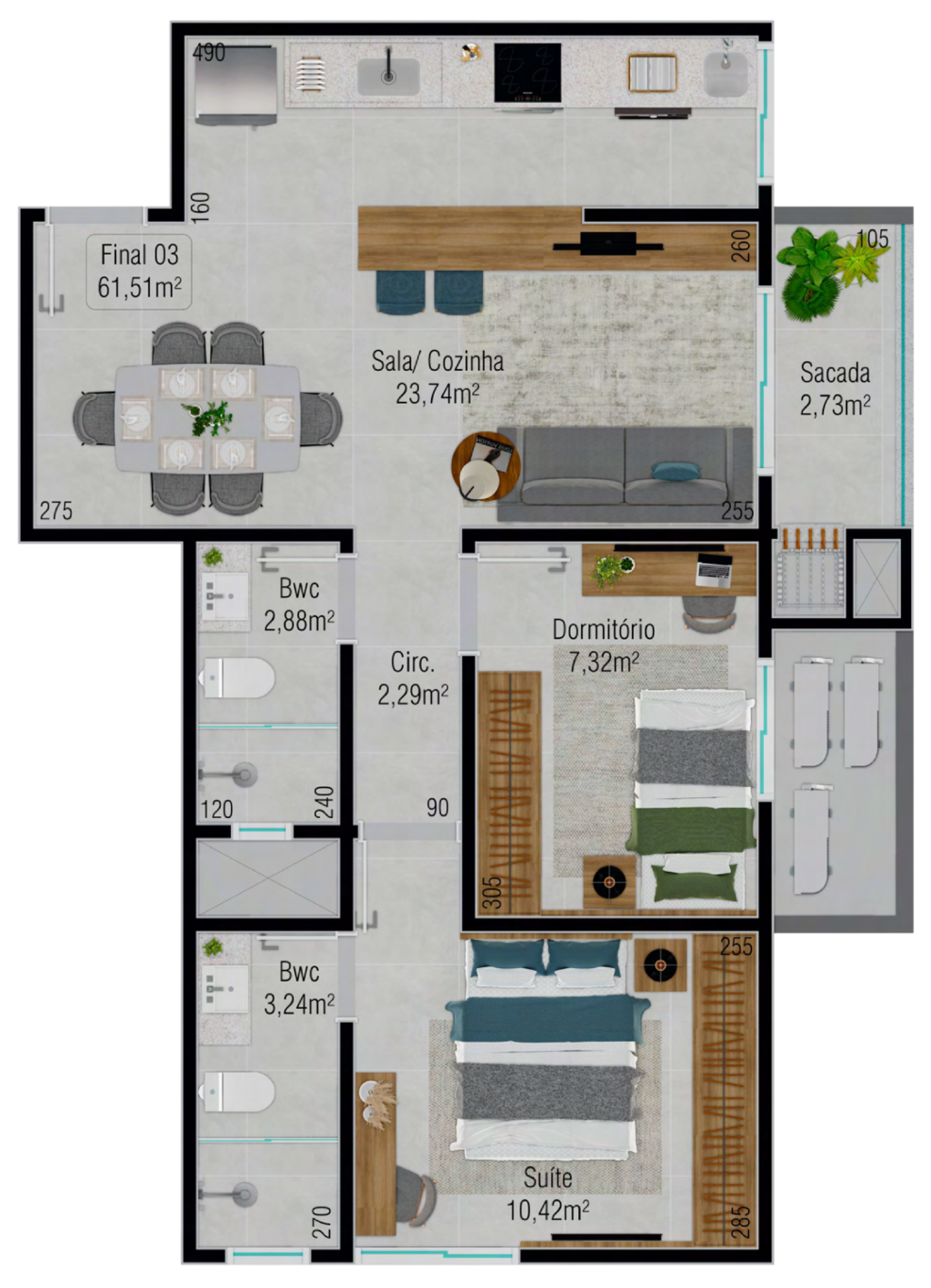 Planta 03 - 2 dorm 61,51m