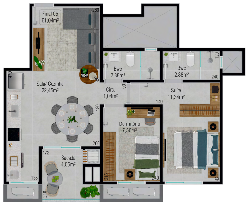 Planta 02 - 2 dorm 61,04m