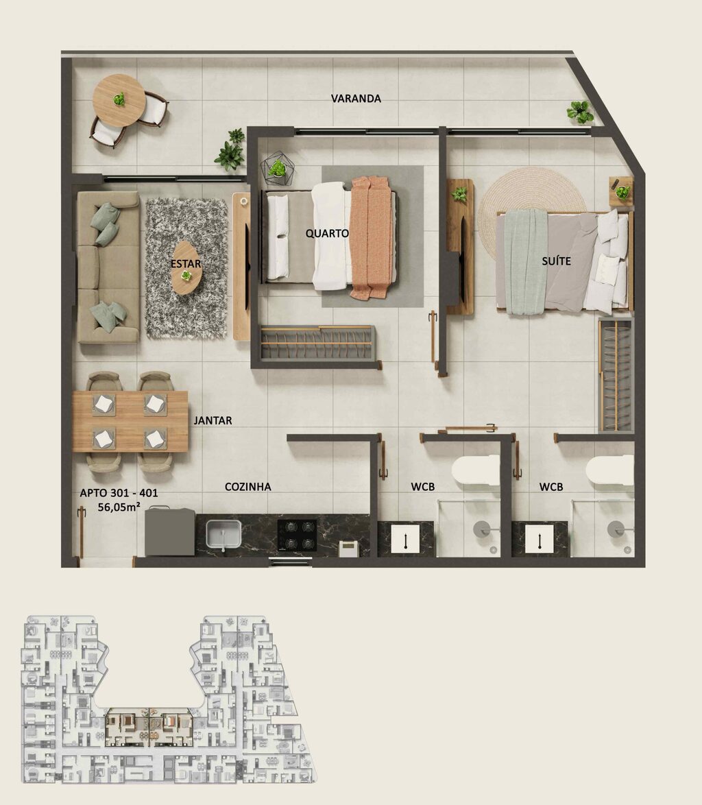 Planta 08 - 2 dorm 56,05m