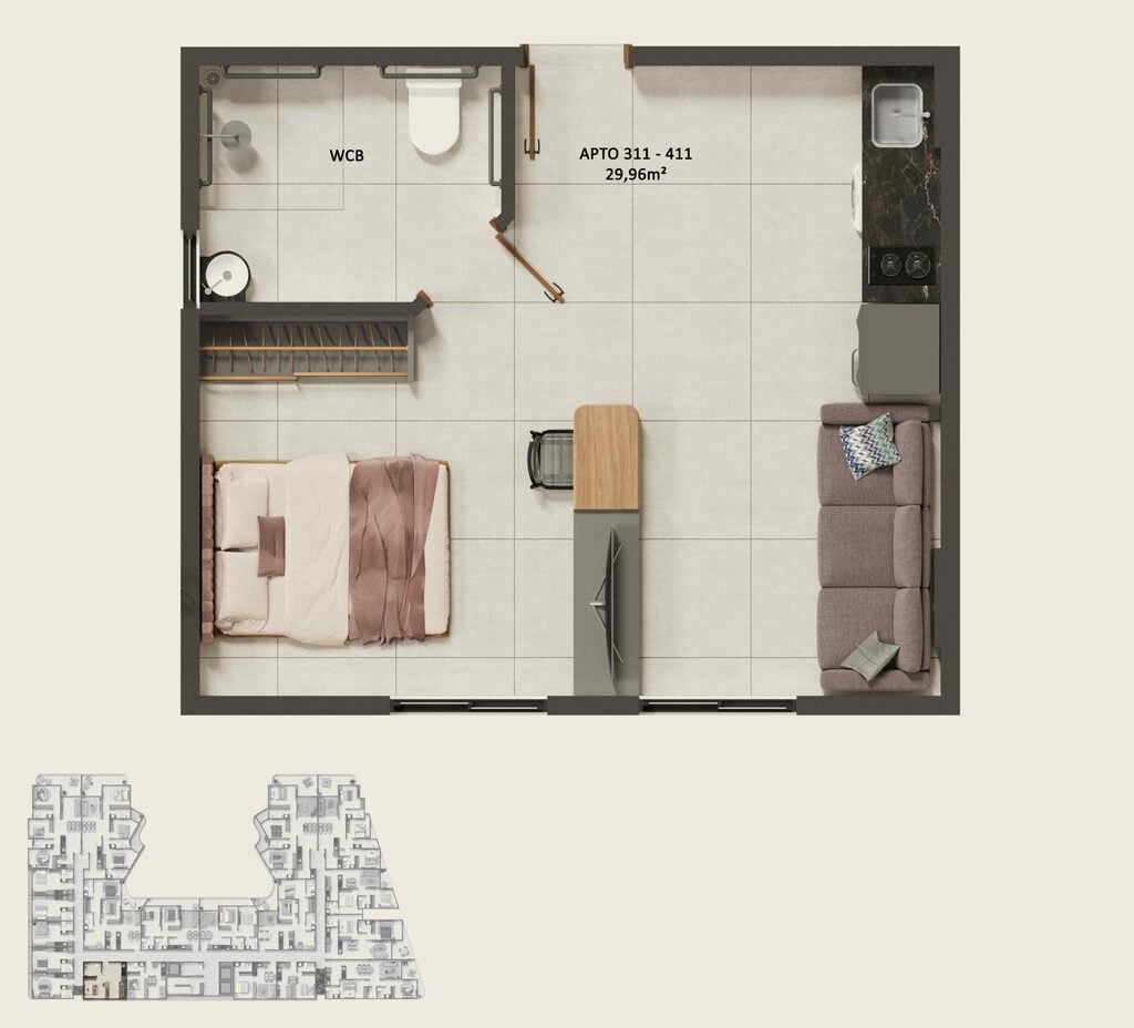 Planta 02 - 1 dorm 29,96m - studio