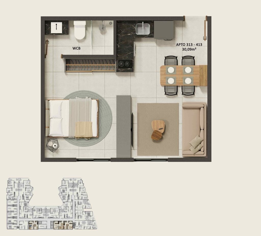 Planta 03 - 1 dorm 30,09m - studio