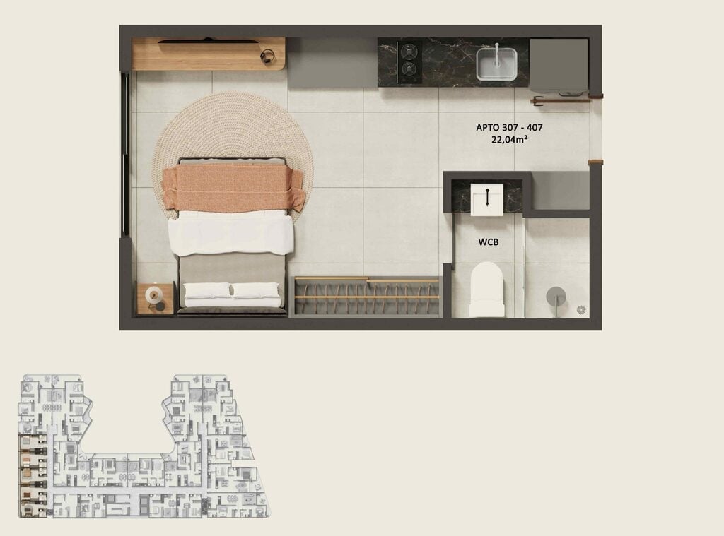 Planta 01 - 1 dorm 22,04m - studio