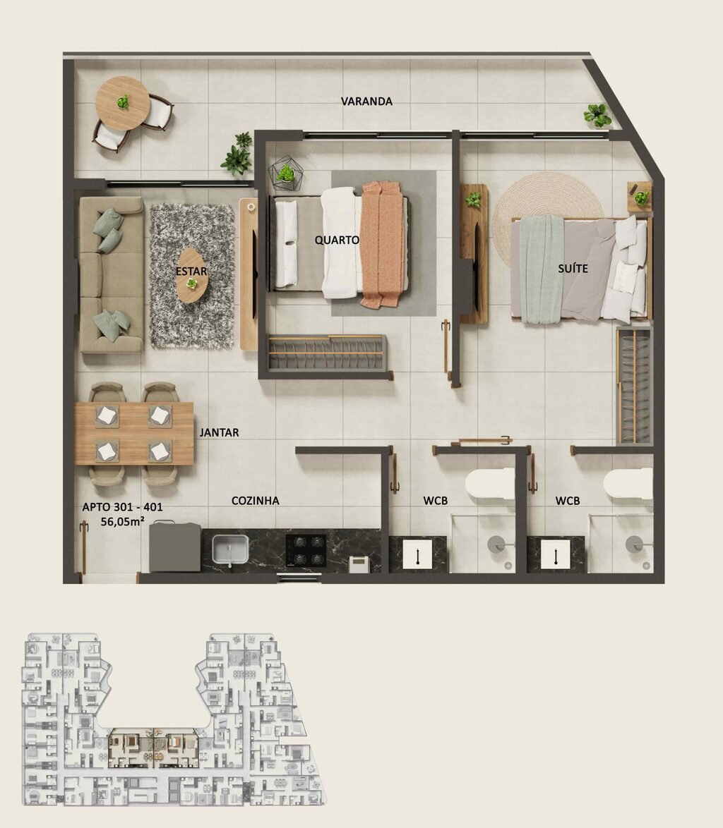 Planta 08 - 2 dorm 56,05m