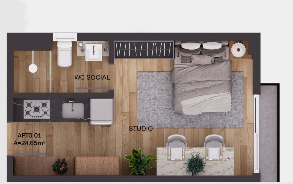 Planta 02 - 1 dorm 24,65m - studio