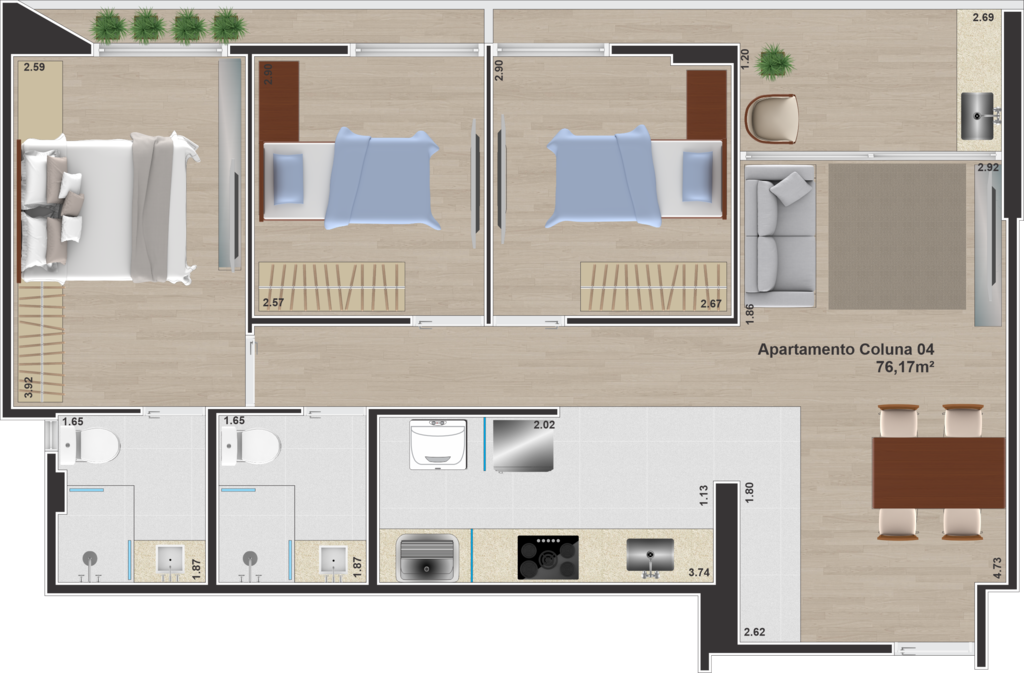 Planta 03 - 3 dorm 76,17m