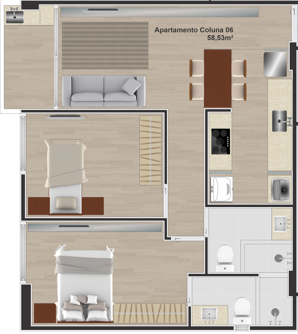 Planta 01 - 2 dorm 58,53m