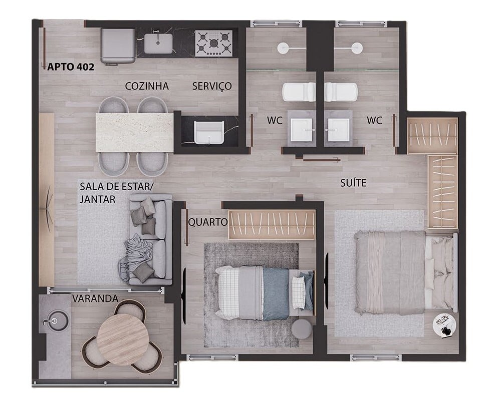 Planta 02 - 2 dorm 53,8m
