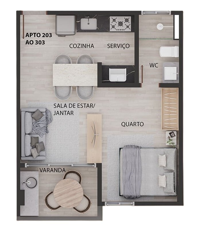 Planta 01 - 1 dorm 37,7m - studio