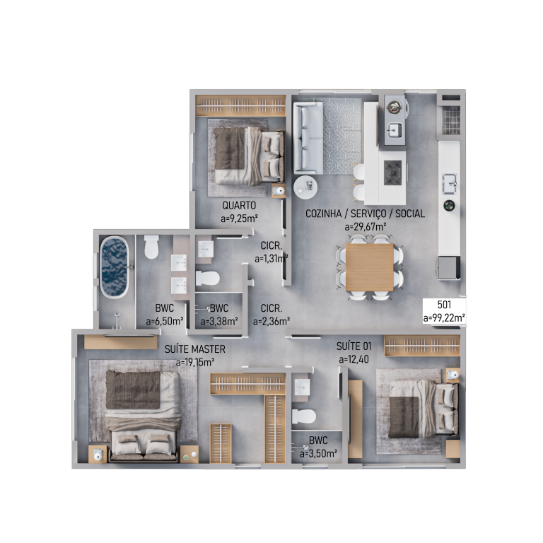Planta 04 - 3 dorm 99,22m - cobertura horizontal