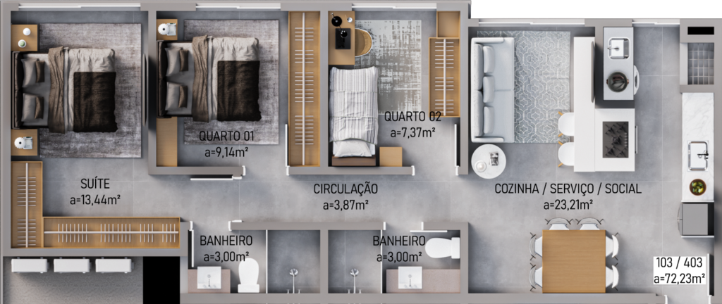 Planta 02 - 3 dorm 72,93m
