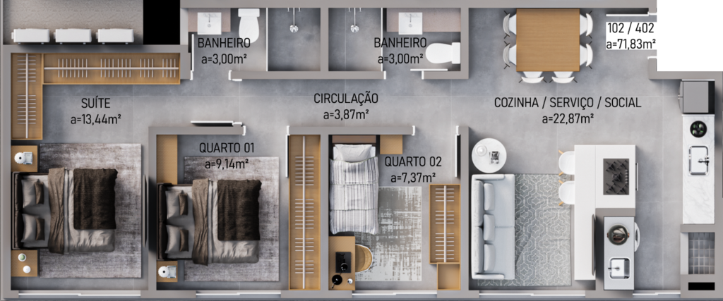 Planta 01 - 3 dorm 71,83m