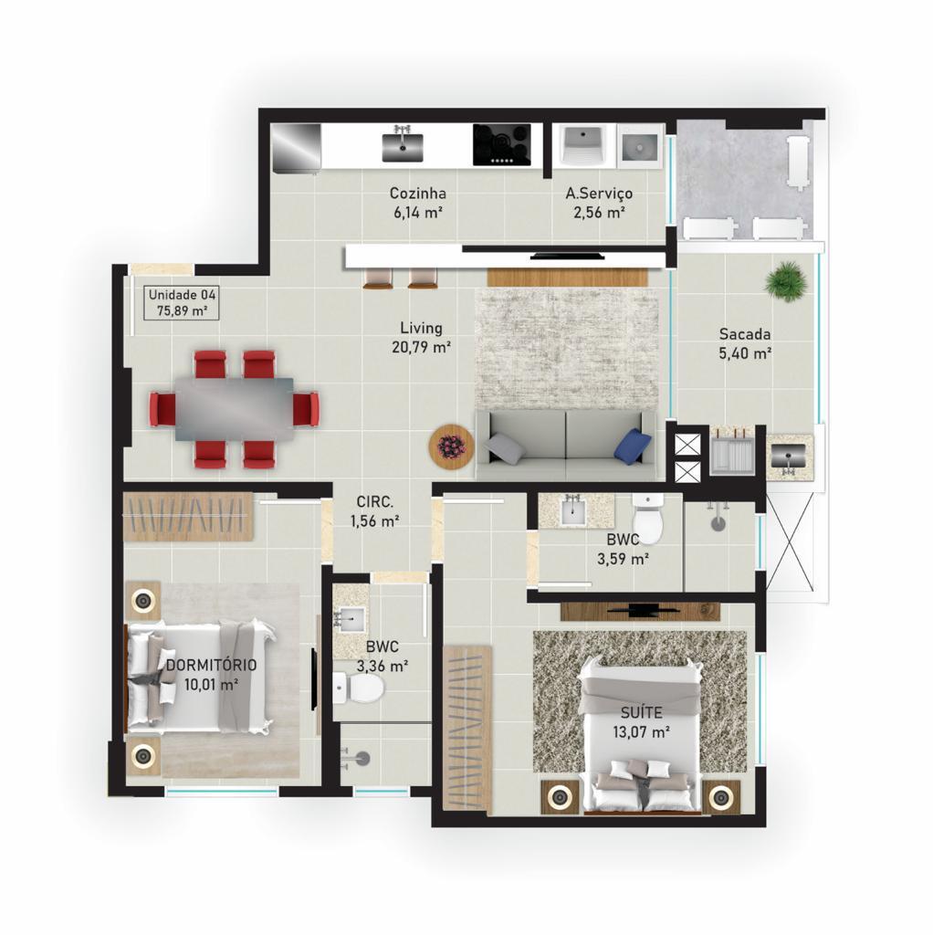 Planta 04 - 2 dorm 76m