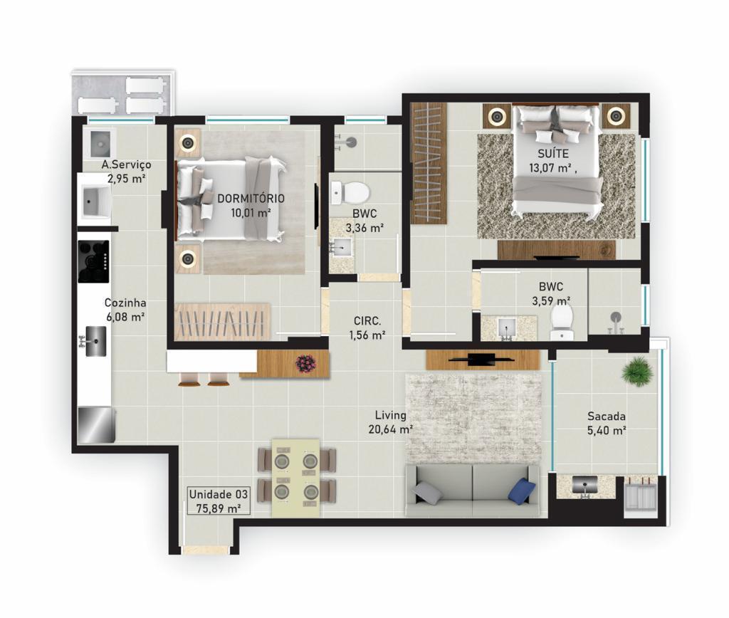 Planta 03 - 2 dorm 76m