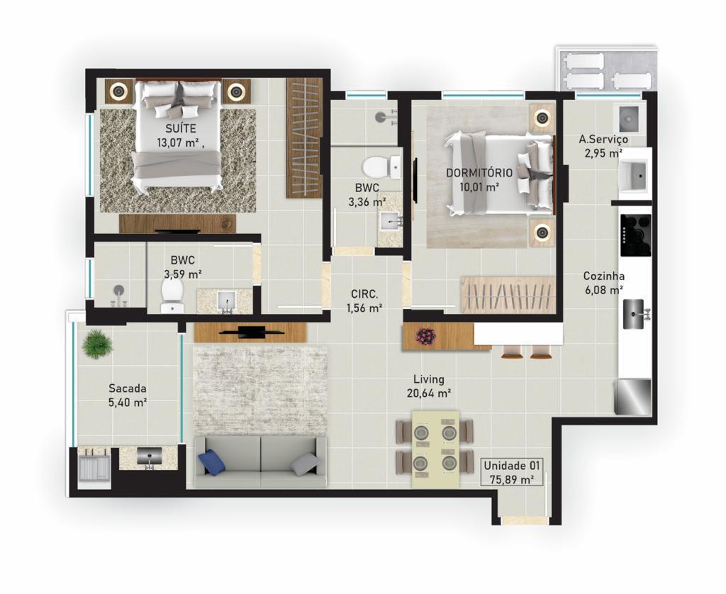 Planta 01 - 2 dorm 76m