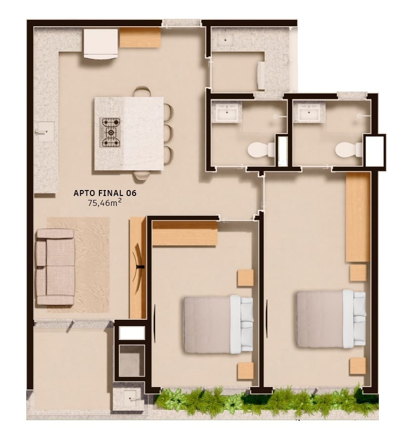 Planta 01 - 2 dorm 75,46m