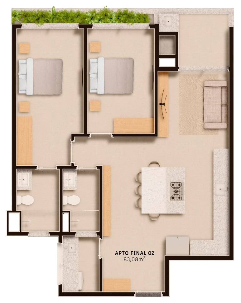 Planta 02 - 2 dorm 83,08m