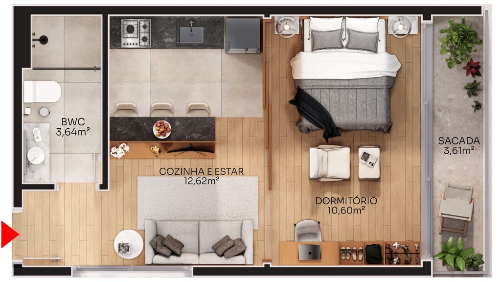Planta 02 - 1 dorm 36m - studio