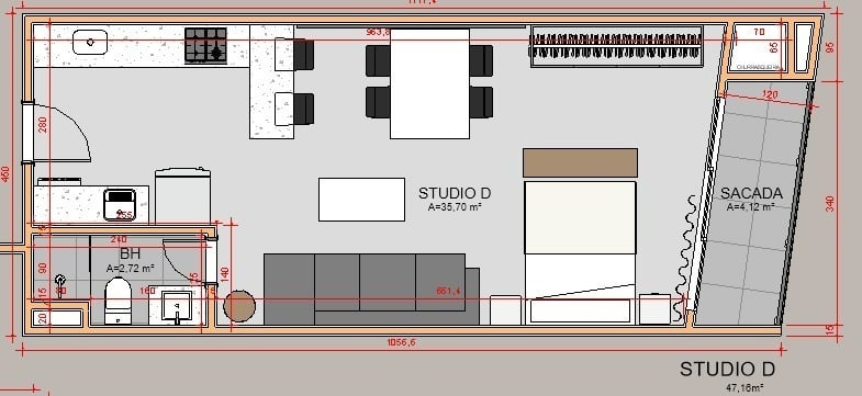 Planta 04 - 1 dorm 47,16m - studio
