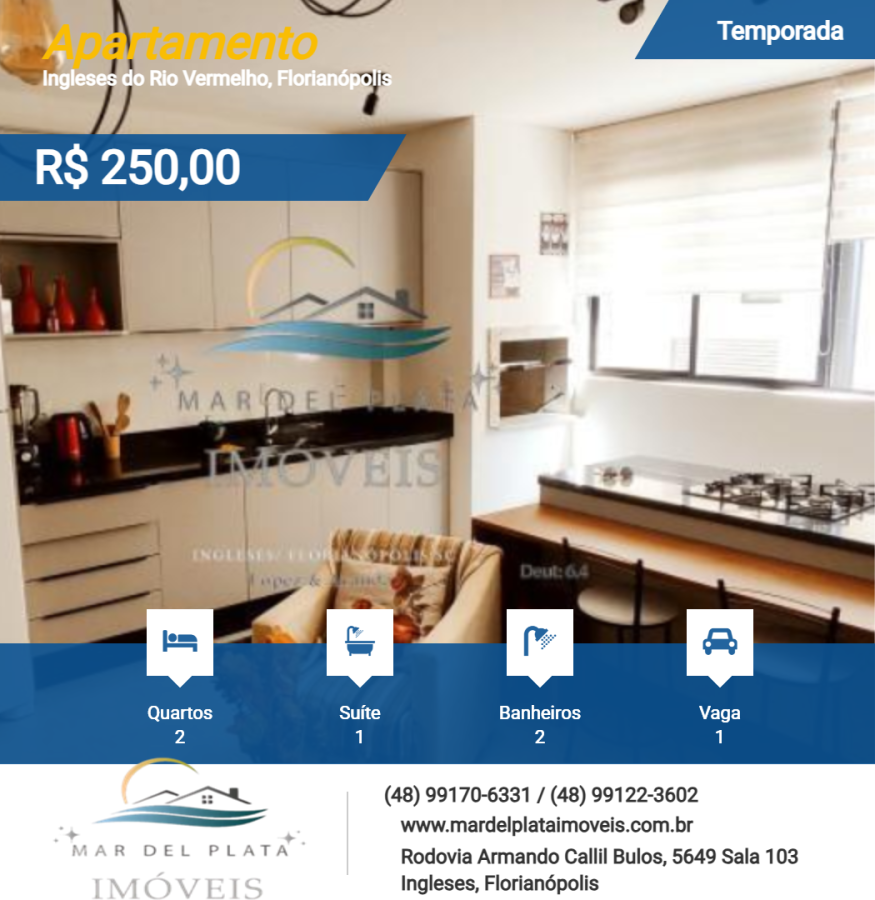 Apartamento para Temporada, em Florianópolis, bairro Ingleses do Rio Vermelho, 2 dormitórios, 2 banheiros, 1 suíte, 1 vaga