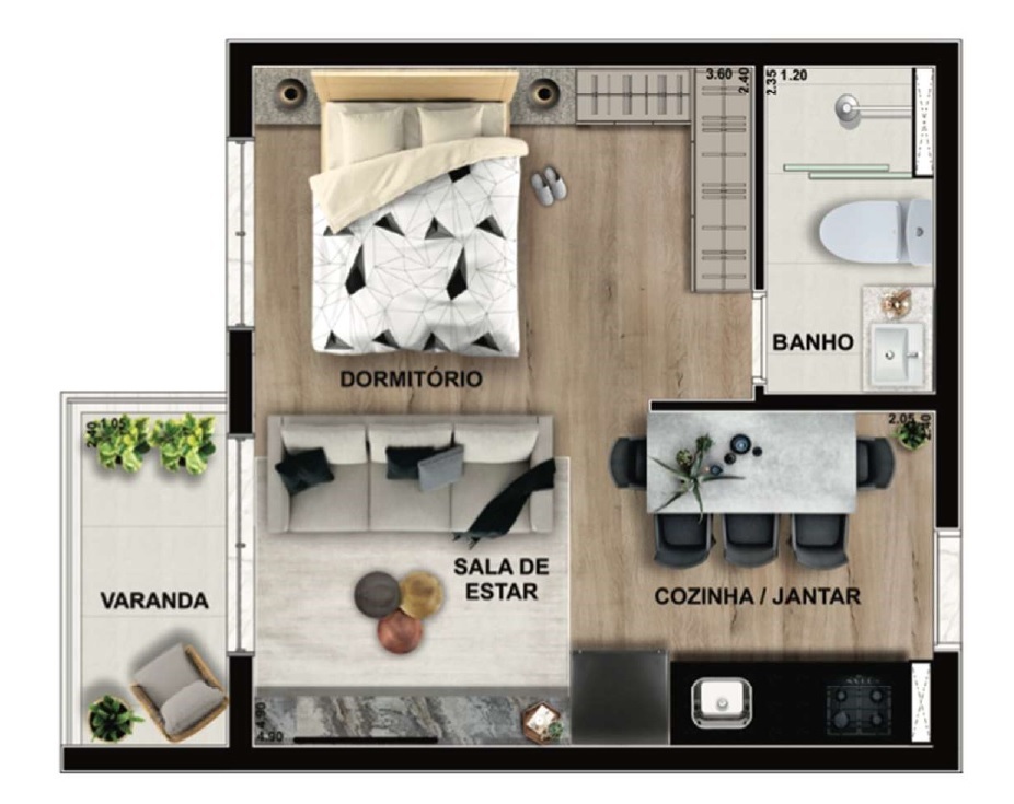 Planta 01 - 1 dorm 29 45m - studio
