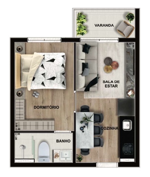Planta 02 - 1 dorm 29 96m