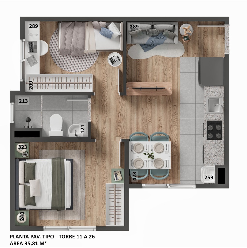 Planta 01 - 2 dorm 35,81m