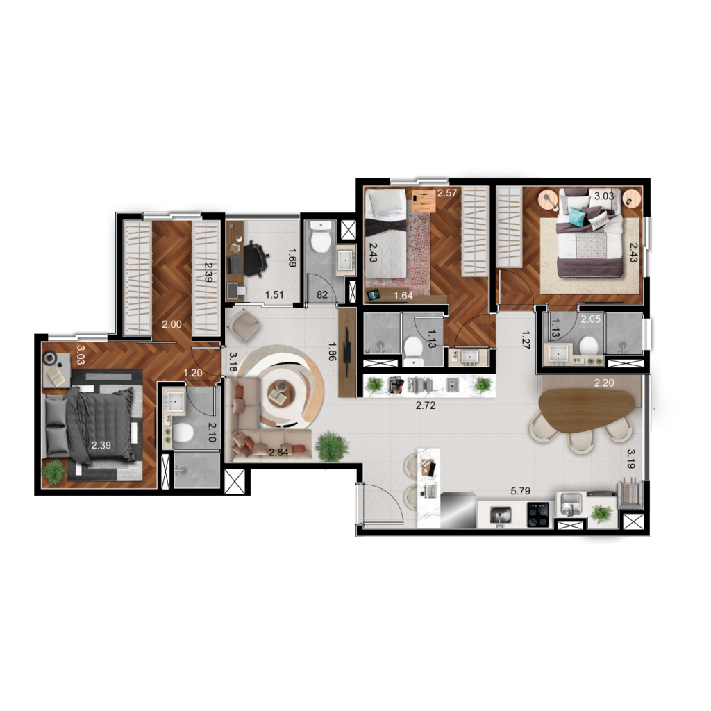 Planta 04 - 3 dorm 77m - juncao - (33m 44m)