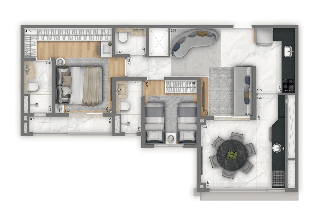 Planta 01 - 2 dorm 74m